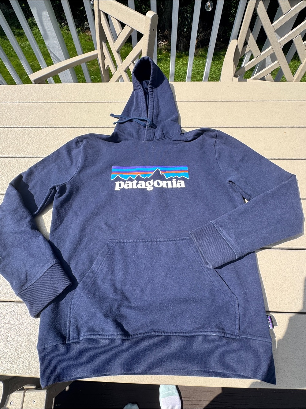 Patagonia Navy Pullover Hoodie with Mountain Logo Medium